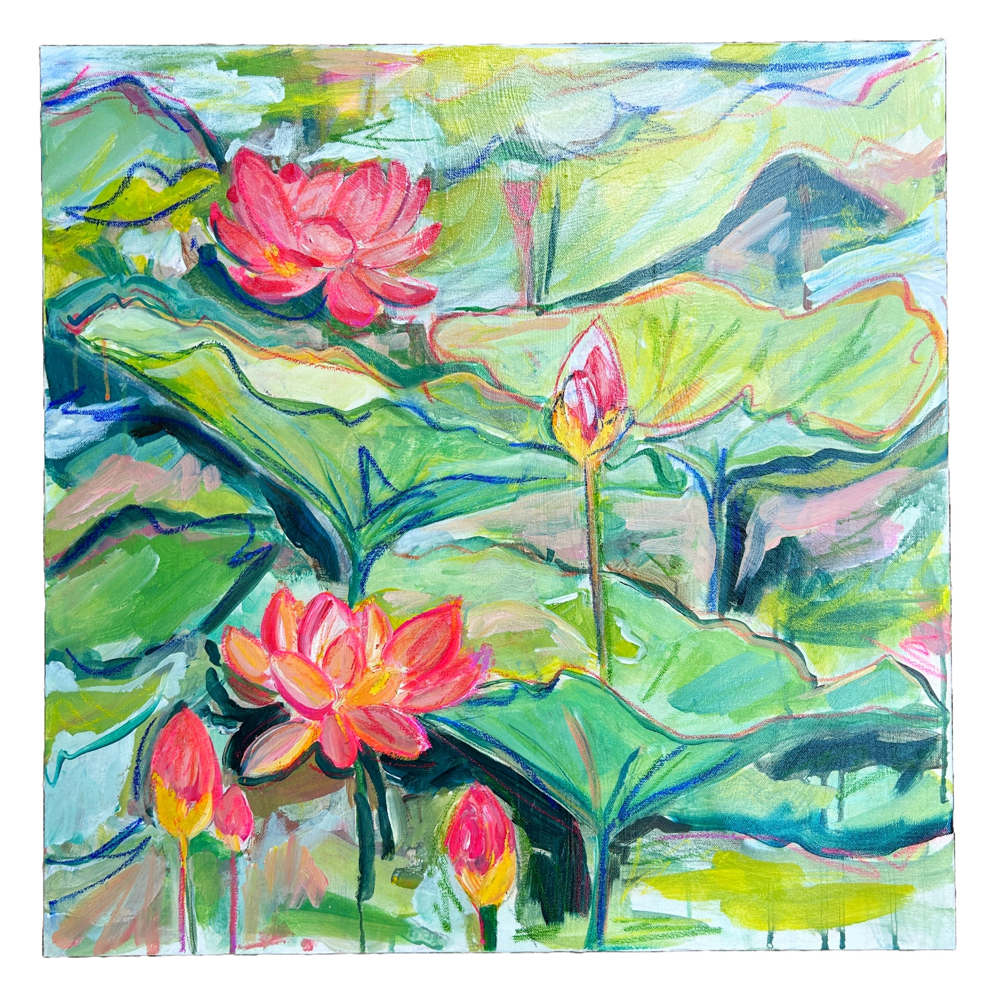 Original painting titled 'Colorful Lily Pad Bliss' by Natalie Russo, featuring a vibrant array of lily pads in various colors. The 24x24 inch artwork is created on stretched canvas using acrylic paint and chalk pastel, hand-painted in Birmingham, AL.