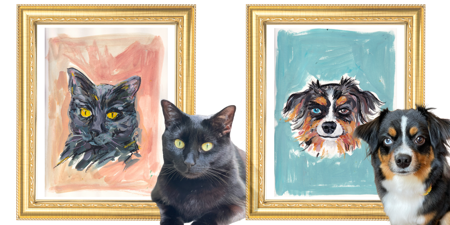 Side-by-side custom oil-painted pet portraits of a black cat and a Mini Australian Shepherd, both framed in ornate gold frames. The real-life pets, a black cat with striking yellow eyes and a Mini Australian Shepherd with one blue and one brown eye, are positioned in front of their respective portraits, showcasing the lifelike details and personality captured in the paintings by artist Natalie Russo.