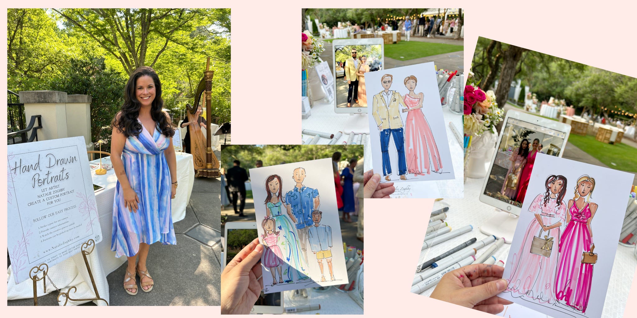 Natalie Russo creating live hand-drawn portraits at a wedding event. The collage shows Natalie standing by her setup, where she draws custom portraits for guests. Surrounding images display finished portraits of couples and families, each capturing the essence of the guests in vibrant colors. A sign advertising her hand-drawn portrait service is also visible.