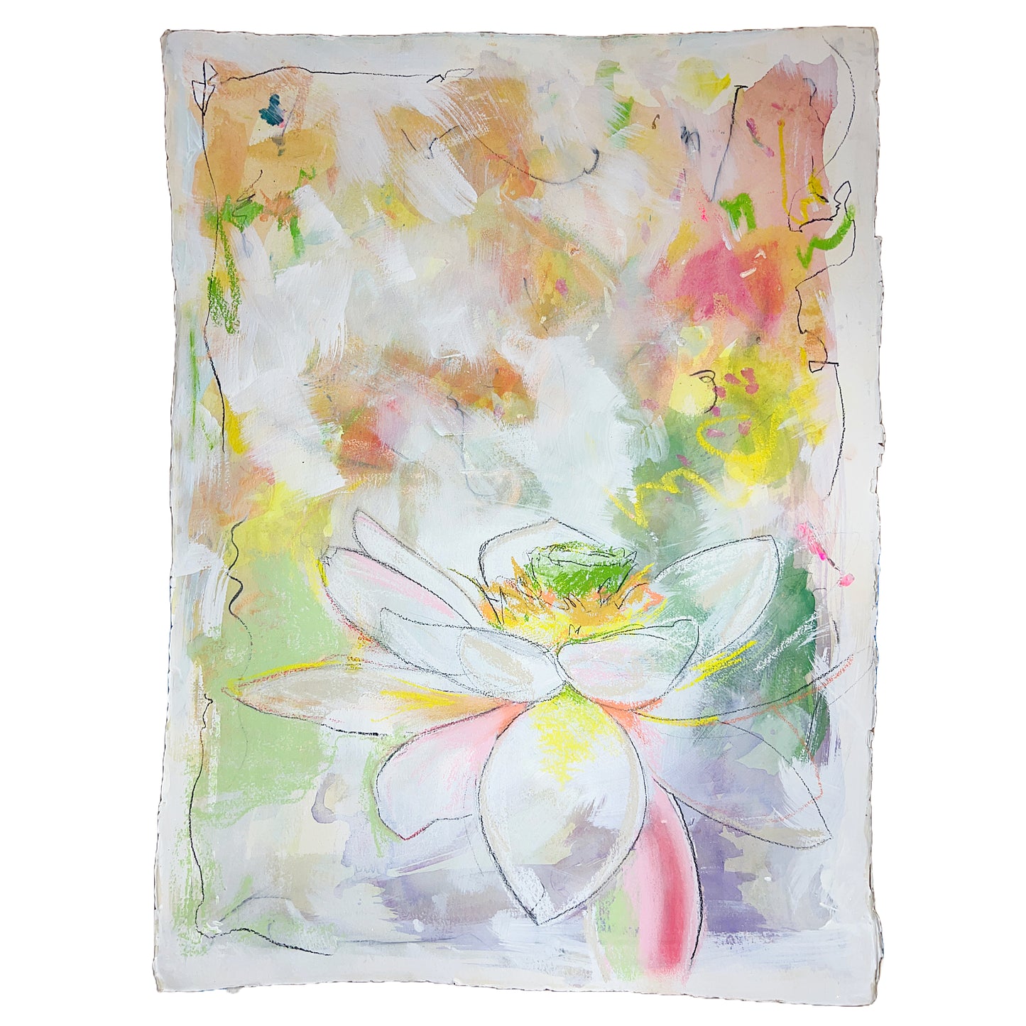 Original mixed media painting titled 'Serene Lotus Blossom' by Natalie Russo, featuring a delicate lotus flower rendered in soft pastel tones with paint, chalk pastels, and glitter. The 22x29 inch artwork is unframed, showcasing the elegant design on archival watercolor paper.