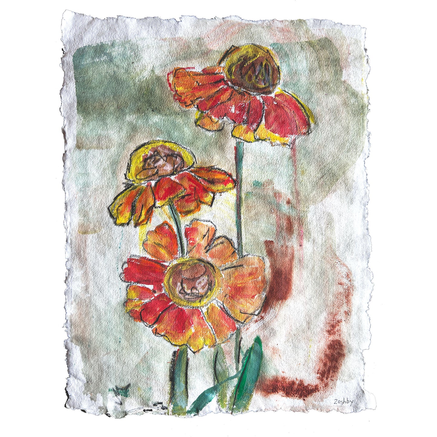 Red Zinnias Flowers on Paper