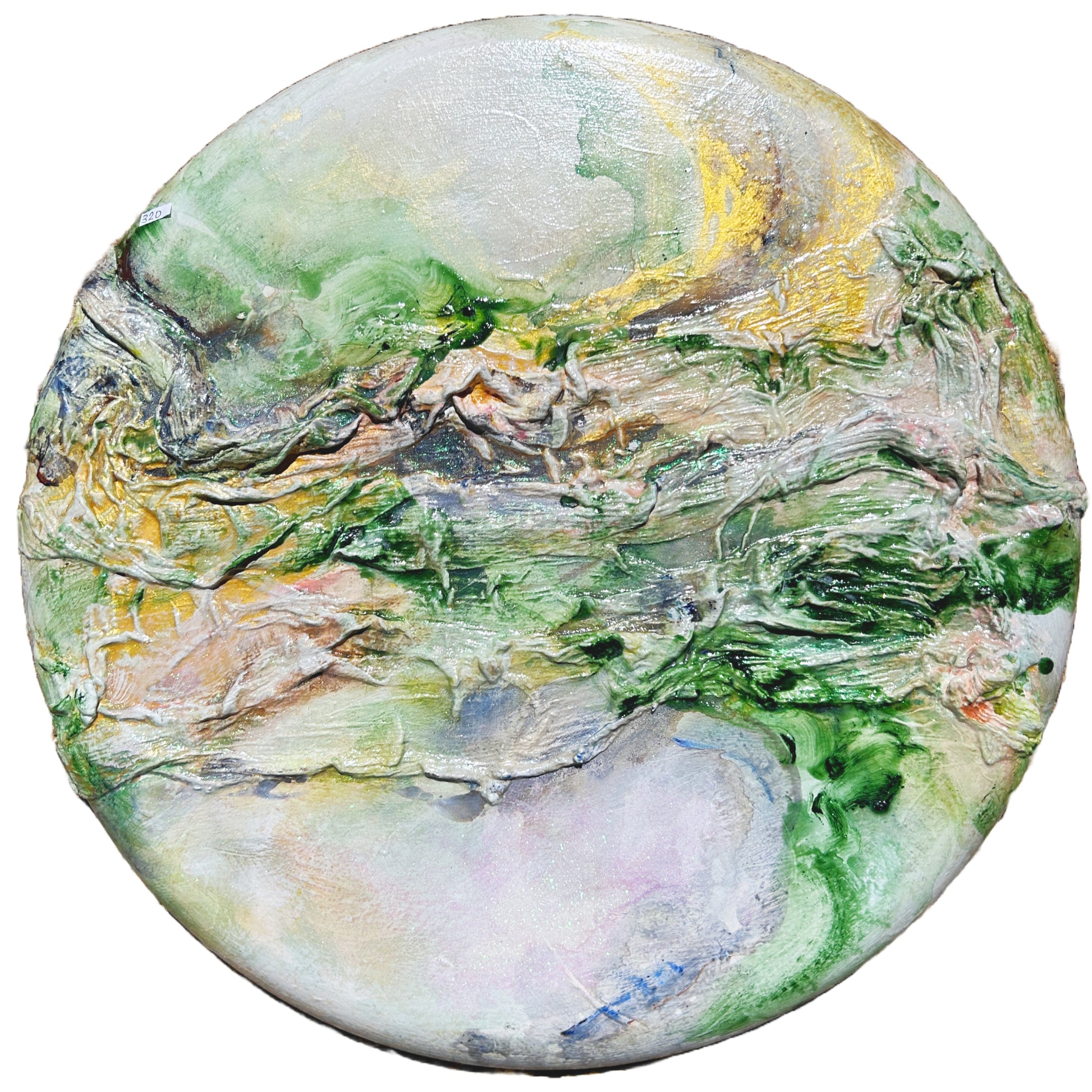 Textured round abstract painting titled 'Textured Serenity' by Natalie Russo, featuring soft green and gold tones with fabric texture. The 24-inch diameter artwork is created with acrylic paint and gold mica powder, offering a serene and elegant visual experience.