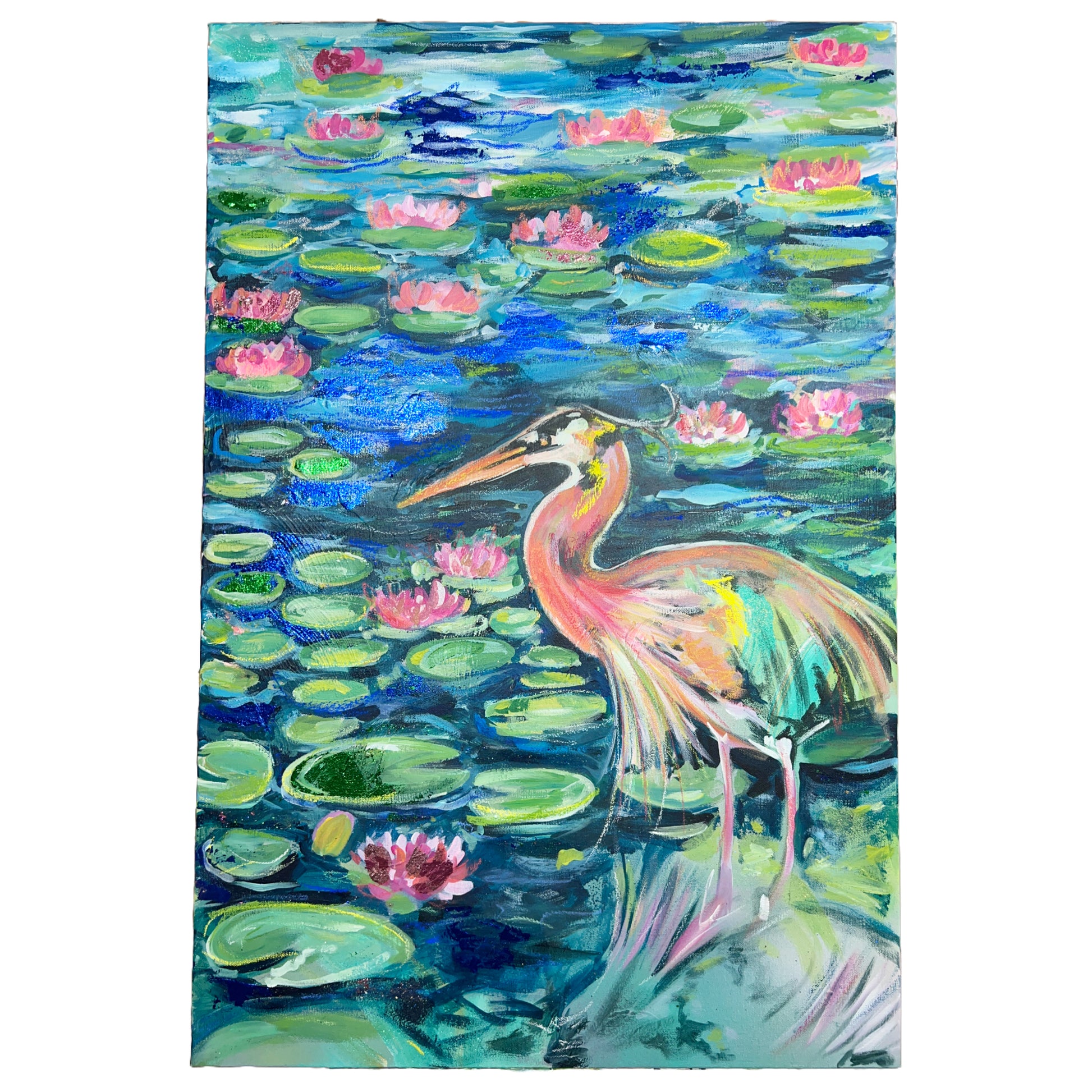 Sparkling Blue Crane in Lily Pond mixed media painting by Natalie Zoghby, featuring a crane standing among vibrant pink lily pads on a shimmering blue pond. The 24x36 inch artwork on stretched canvas is created using spray paint, acrylics, glitter, and chalk pastel