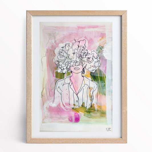 6x8 inch painting of a girl with flowers for hair by Natalie Russo, featuring a line sketch with a pastel acrylic background in shades of pink, green, and white. The painting is framed and displayed.