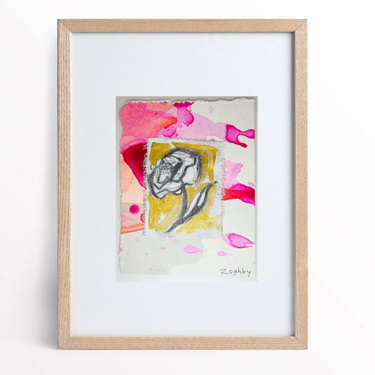 5x6 inch flower sketch painting by Natalie Russo, featuring a delicate pencil drawing of a flower against a vibrant pink and gold acrylic background. The painting is framed and displayed.