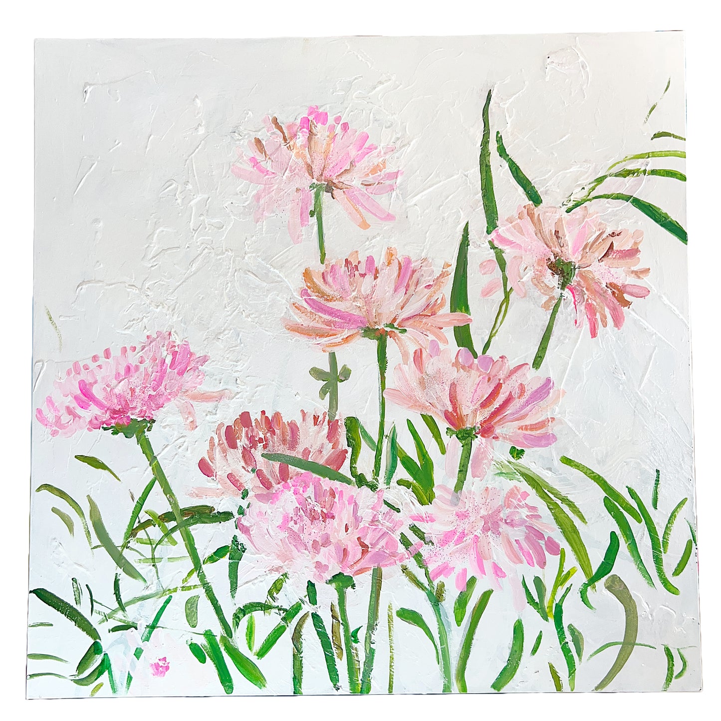 36x36 inch original painting of hot pink flowers by Natalie Russo, featuring vibrant pink blossoms with green stems and leaves on a white canvas background. The acrylic and glitter accents add texture and sparkle.