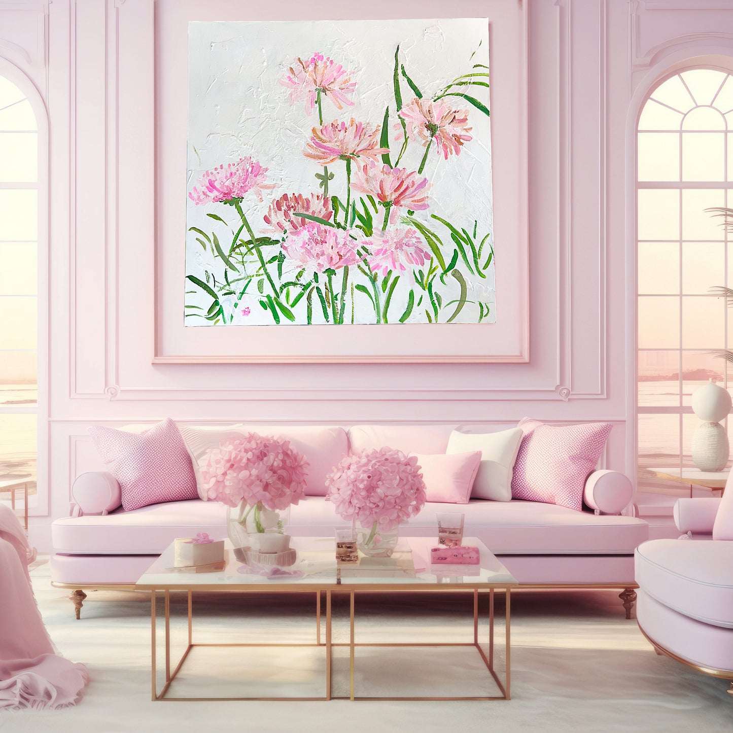 36x36 inch Hot Pink Flowers painting by Natalie Russo displayed in an elegant pink living room. The vibrant pink blossoms on canvas add a bold, colorful touch to the soft pastel decor, enhancing the room’s modern ambiance.