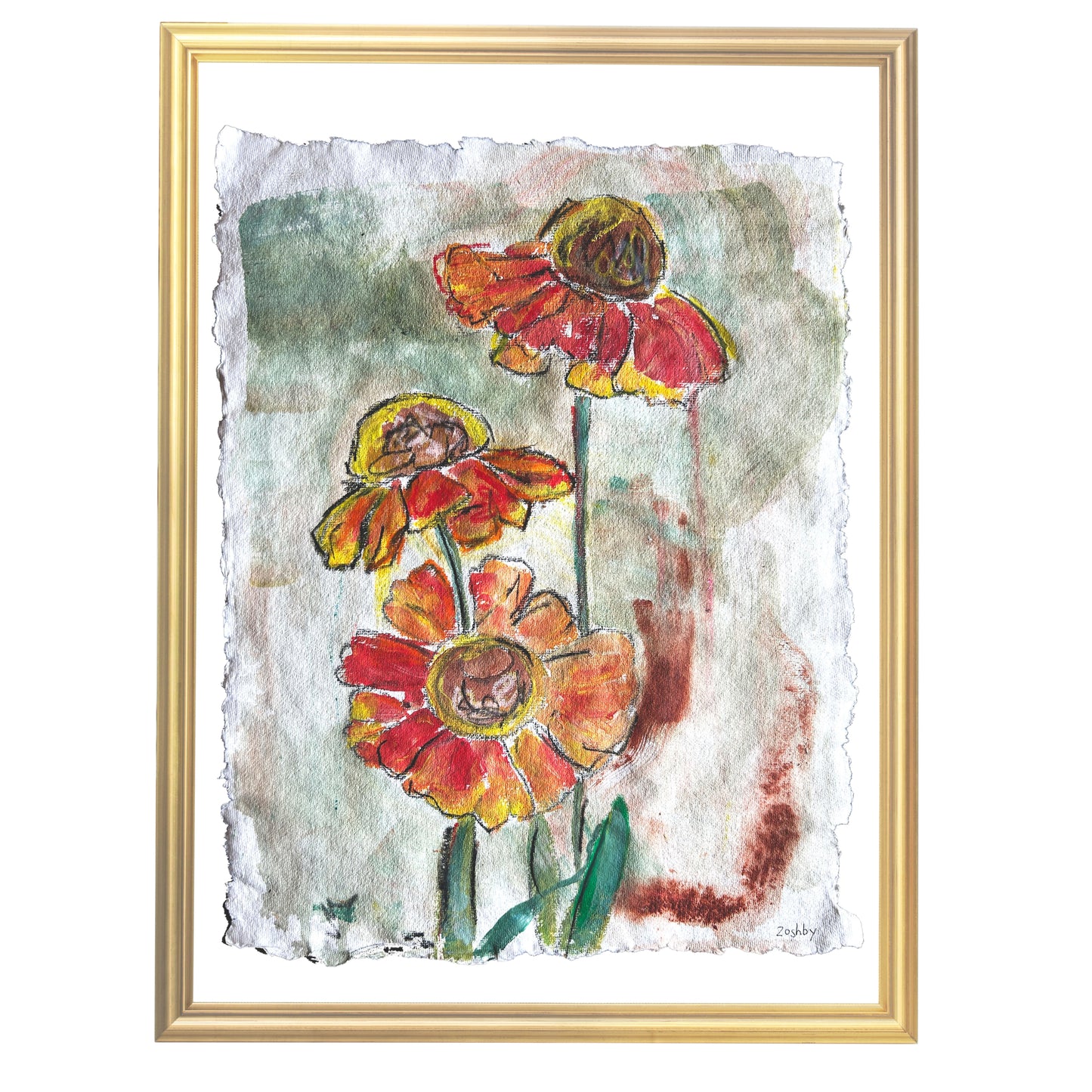 Red Zinnias Flowers on Paper