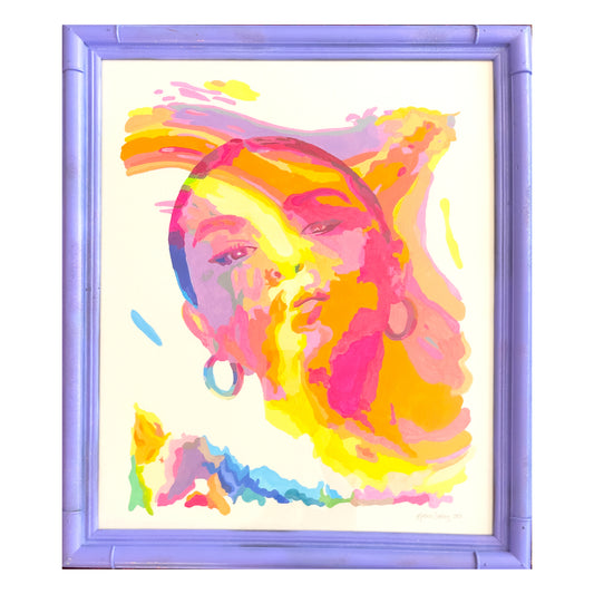 Colorful portrait painting of Selena Gomez, featuring vibrant brushstrokes in pink, yellow, orange, and purple hues. The artwork is framed in a light purple frame, showcasing a bold and expressive depiction of the actress.